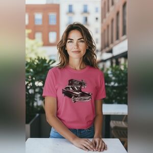 57 Chevy Car In Front Of Diner Ladies Short Sleeve T-shirt Size M